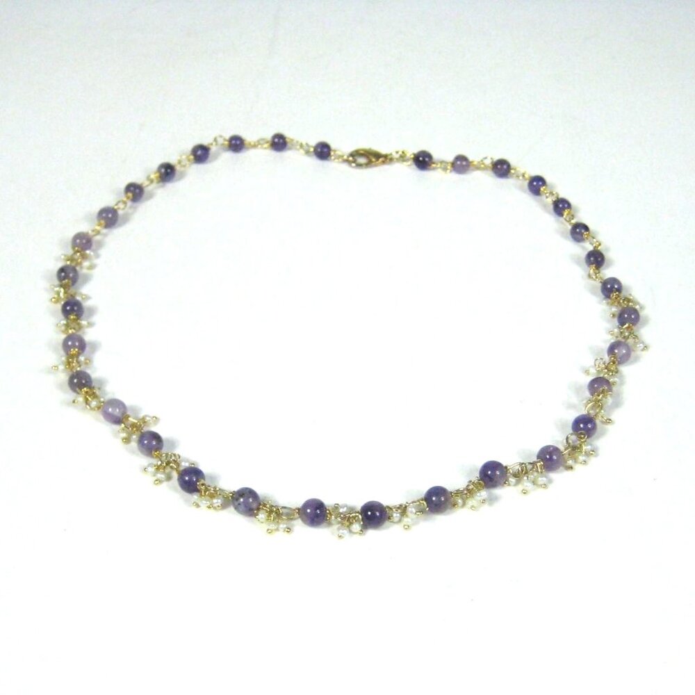 Amethyst Fresh Water Pearl Beaded Necklace Gold Tone Chain Minimal Delicate 18 i
